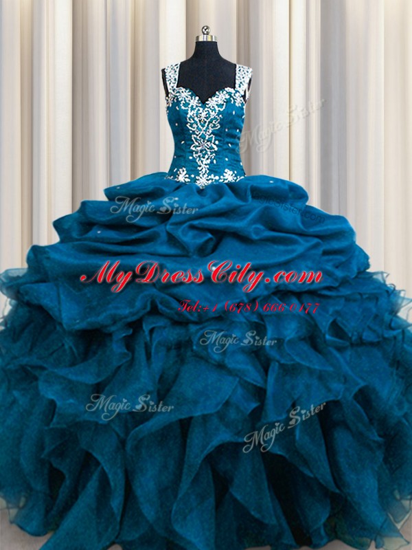 Zipple Up See Through Back Teal Sleeveless Floor Length Beading and Ruffles and Sequins and Pick Ups Zipper Quinceanera Dresses