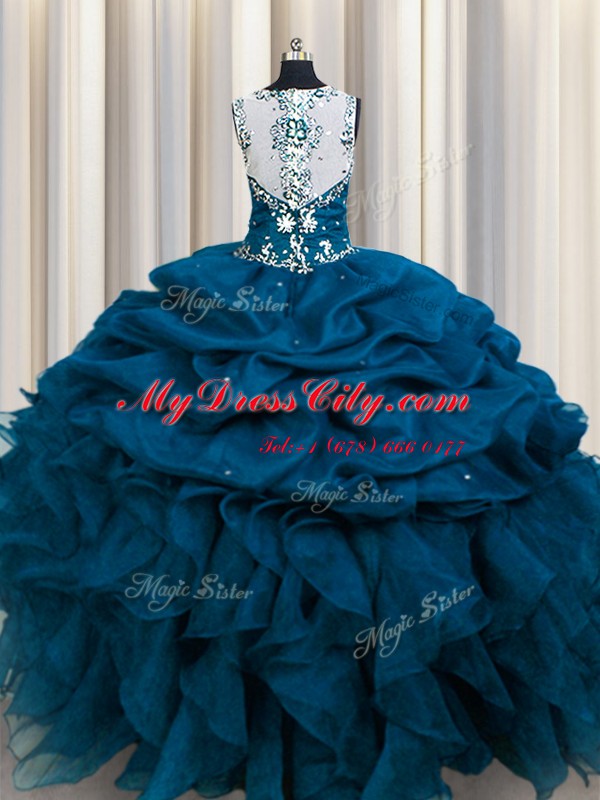 Zipple Up See Through Back Teal Sleeveless Floor Length Beading and Ruffles and Sequins and Pick Ups Zipper Quinceanera Dresses
