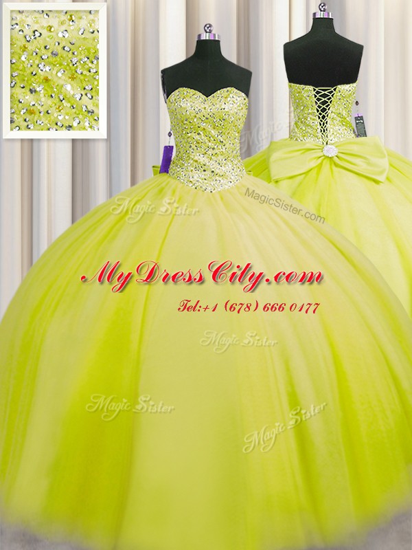 Inexpensive Really Puffy Floor Length Yellow Green Sweet 16 Quinceanera Dress Tulle Sleeveless Beading