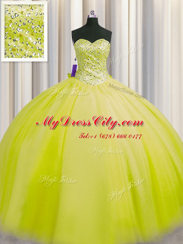 Inexpensive Really Puffy Floor Length Yellow Green Sweet 16 Quinceanera Dress Tulle Sleeveless Beading
