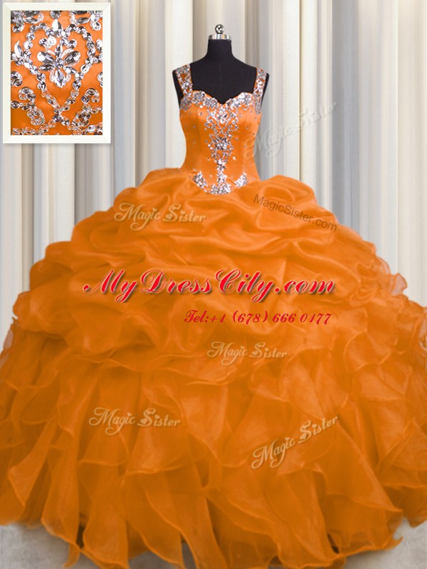 See Through Zipper Up Floor Length Orange Vestidos de Quinceanera Straps Sleeveless Zipper