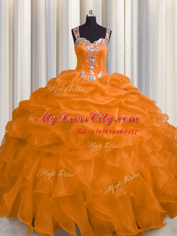 See Through Zipper Up Floor Length Orange Vestidos de Quinceanera Straps Sleeveless Zipper