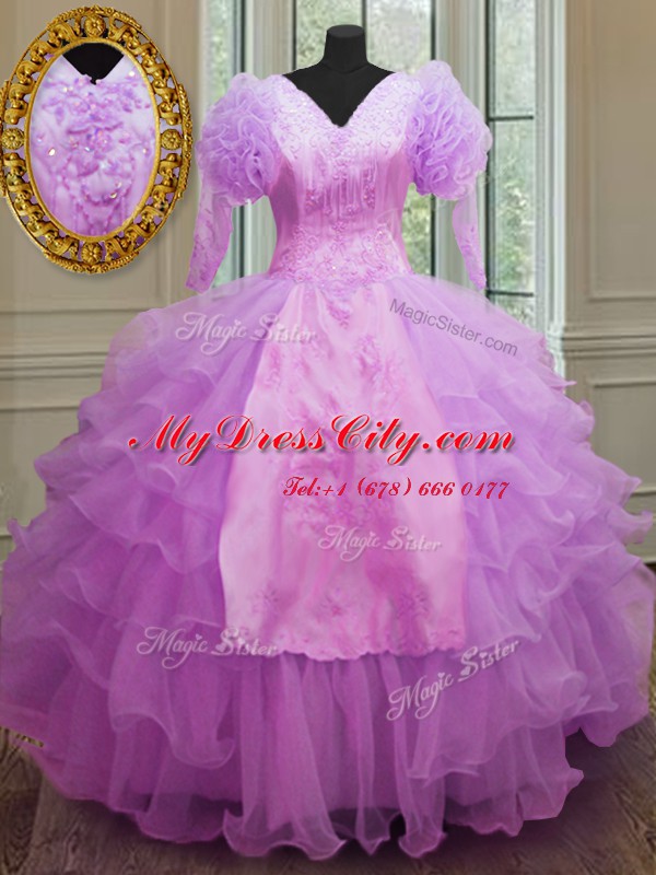 Organza V-neck Long Sleeves Zipper Ruffled Layers Quince Ball Gowns in Lilac