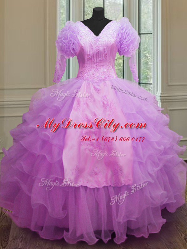 Organza V-neck Long Sleeves Zipper Ruffled Layers Quince Ball Gowns in Lilac