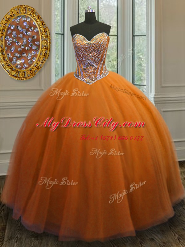 Glittering Floor Length Ball Gowns Sleeveless Orange Sweet 16 Quinceanera Dress Lace Up