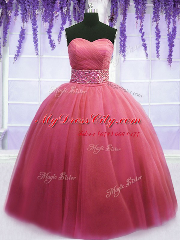 Glamorous Pink Sweetheart Lace Up Beading and Belt Sweet 16 Quinceanera Dress Sleeveless