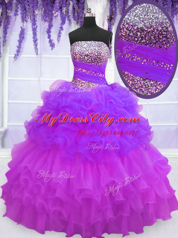 Nice Strapless Sleeveless Organza Sweet 16 Quinceanera Dress Beading and Ruffled Layers and Pick Ups Lace Up