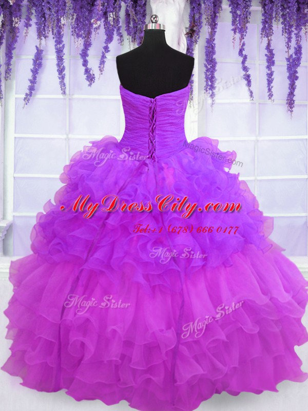 Nice Strapless Sleeveless Organza Sweet 16 Quinceanera Dress Beading and Ruffled Layers and Pick Ups Lace Up
