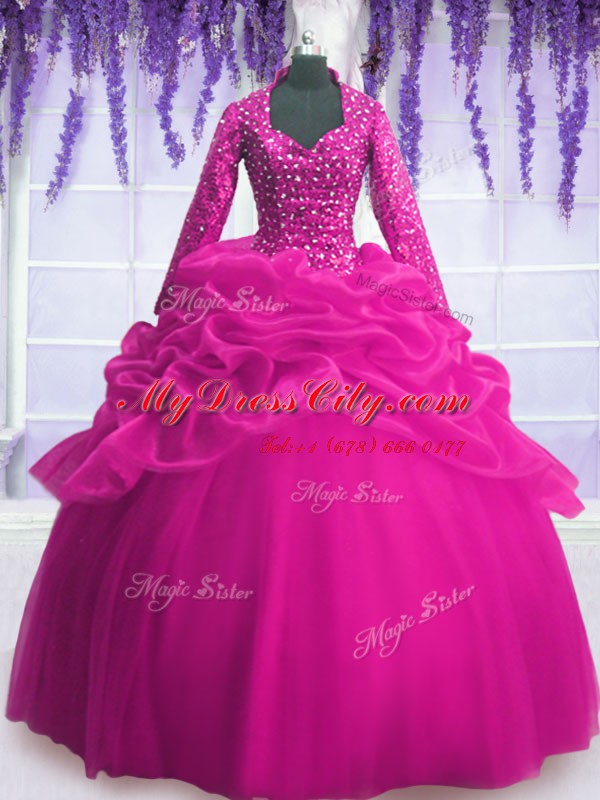 Glorious Fuchsia V-neck Neckline Sequins and Pick Ups Quinceanera Gowns Long Sleeves Zipper