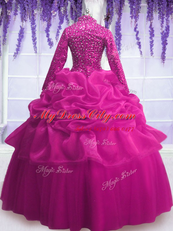 Glorious Fuchsia V-neck Neckline Sequins and Pick Ups Quinceanera Gowns Long Sleeves Zipper