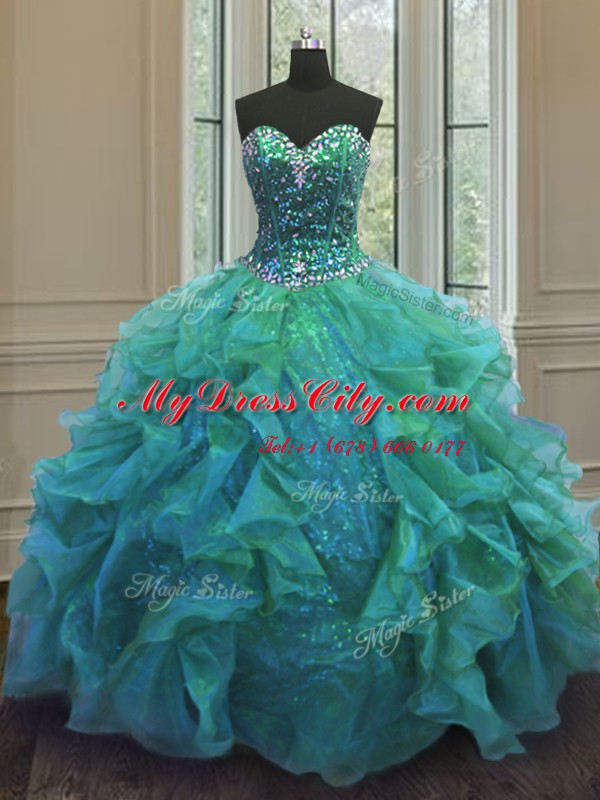 Turquoise Organza and Sequined Lace Up 15th Birthday Dress Sleeveless Floor Length Beading and Ruffles