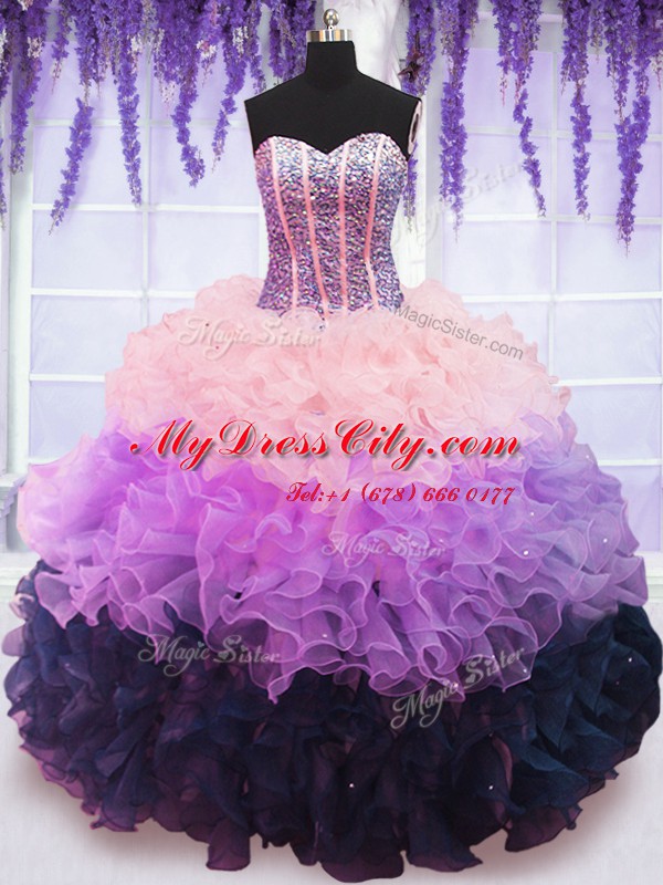Affordable Multi-color Lace Up 15th Birthday Dress Beading and Ruffles and Ruffled Layers Sleeveless Floor Length