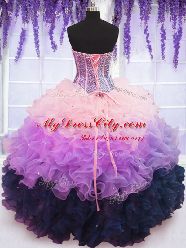 Affordable Multi-color Lace Up 15th Birthday Dress Beading and Ruffles and Ruffled Layers Sleeveless Floor Length