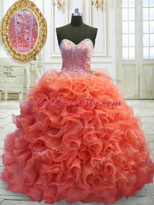 Pretty Coral Red Lace Up Quinceanera Gowns Beading and Ruffles Sleeveless Sweep Train