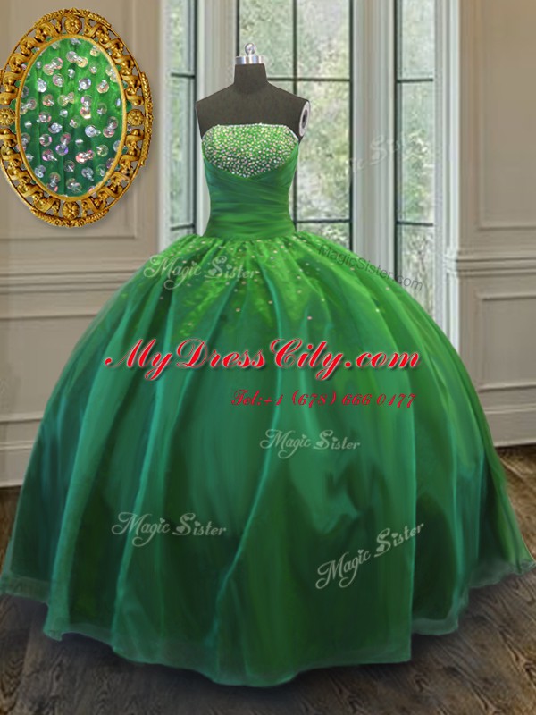 Green Ball Gowns Organza Strapless Sleeveless Sequins Floor Length Lace Up 15th Birthday Dress