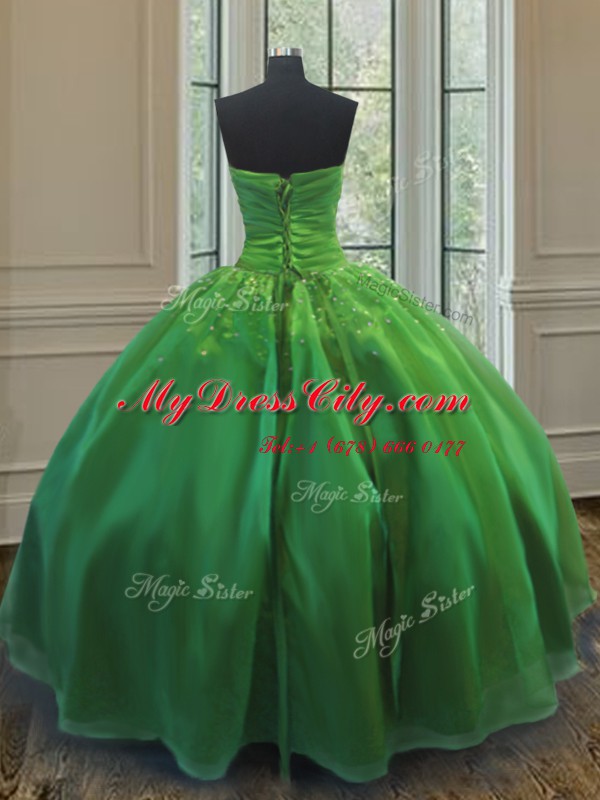 Green Ball Gowns Organza Strapless Sleeveless Sequins Floor Length Lace Up 15th Birthday Dress