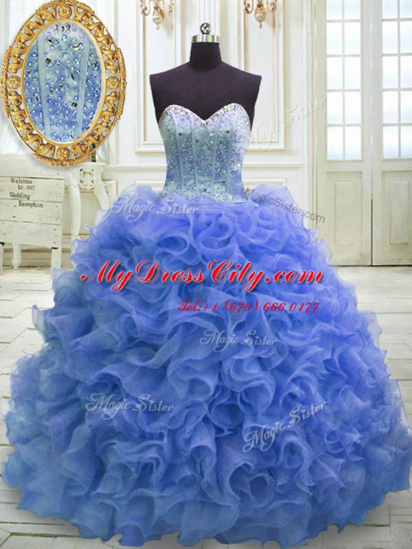 Organza Sweetheart Sleeveless Sweep Train Lace Up Beading and Ruffles 15th Birthday Dress in Blue