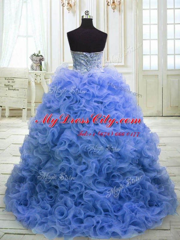 Organza Sweetheart Sleeveless Sweep Train Lace Up Beading and Ruffles 15th Birthday Dress in Blue