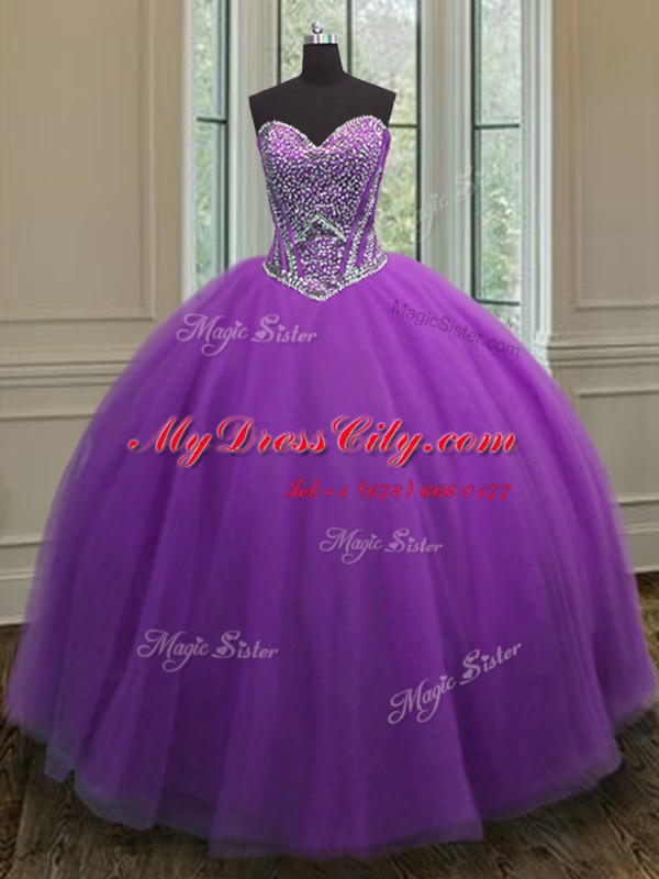 Dramatic Beading Ball Gown Prom Dress Eggplant Purple Lace Up Sleeveless Floor Length