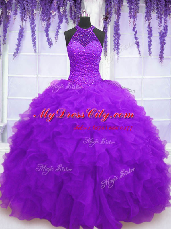 Purple Ball Gowns Organza High-neck Sleeveless Beading and Ruffles Floor Length Lace Up Quinceanera Dresses