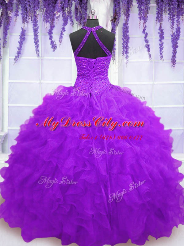 Purple Ball Gowns Organza High-neck Sleeveless Beading and Ruffles Floor Length Lace Up Quinceanera Dresses