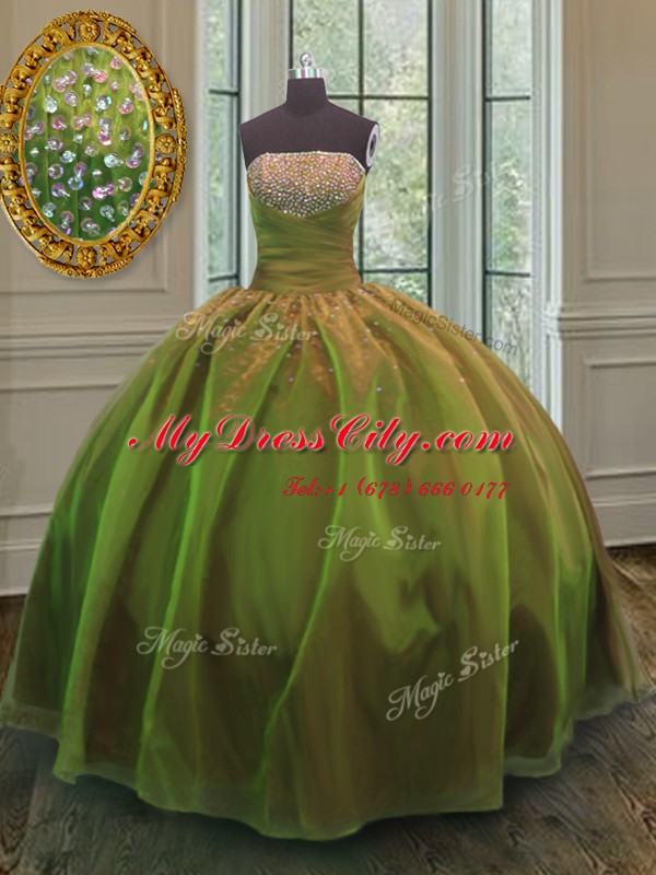 Olive Green Organza and Taffeta Lace Up Strapless Sleeveless Floor Length Quinceanera Gowns Sequins