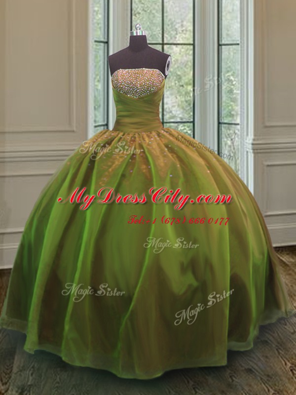 Olive Green Organza and Taffeta Lace Up Strapless Sleeveless Floor Length Quinceanera Gowns Sequins