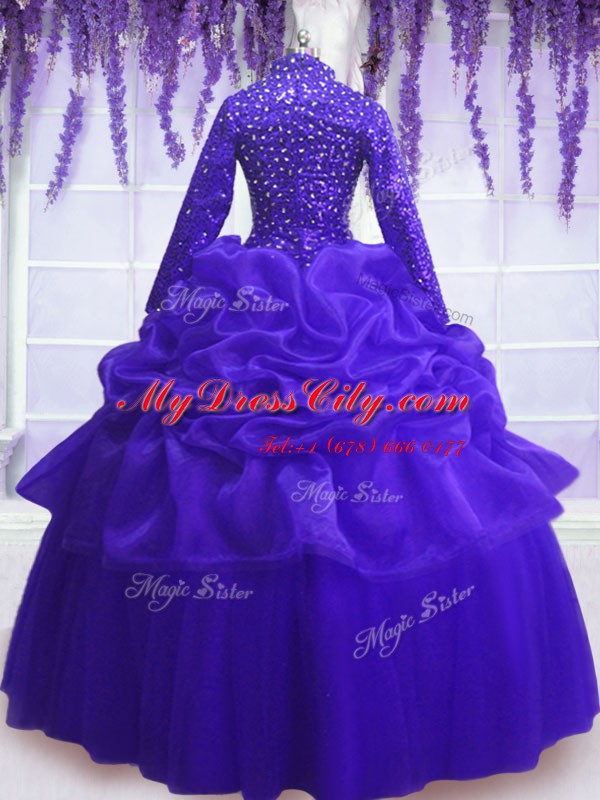 Graceful Royal Blue Zipper V-neck Sequins and Pick Ups Quinceanera Gowns Organza Long Sleeves