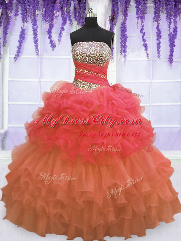 Organza Strapless Sleeveless Lace Up Beading and Ruffled Layers and Pick Ups Vestidos de Quinceanera in Multi-color