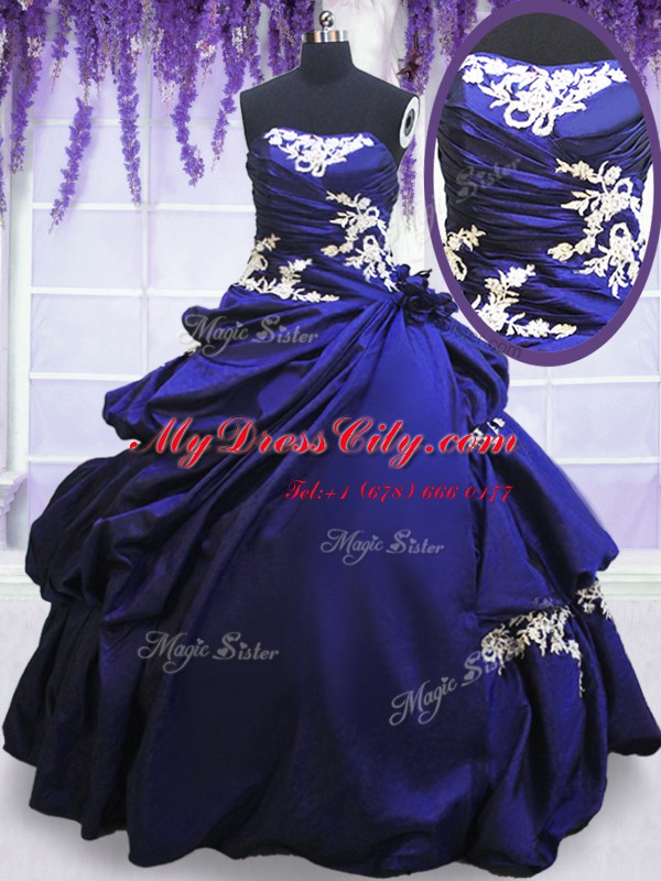 Gorgeous Blue Strapless Lace Up Appliques and Pick Ups Quinceanera Gowns Sleeveless