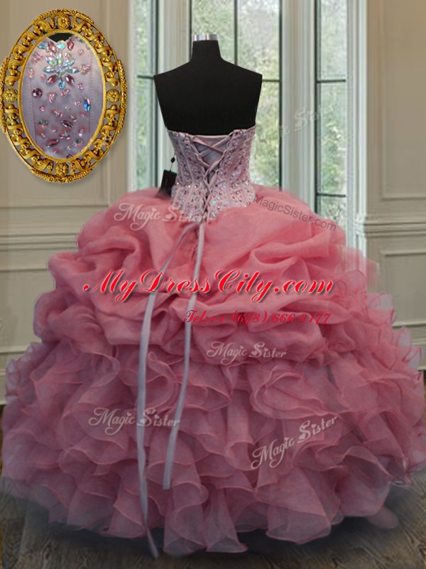 Lovely Pick Ups Floor Length Ball Gowns Sleeveless Watermelon Red Quinceanera Gown Lace Up