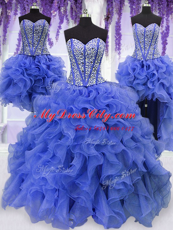 Shining Four Piece Royal Blue Lace Up Sweetheart Ruffles and Sequins Quinceanera Dresses Organza Sleeveless