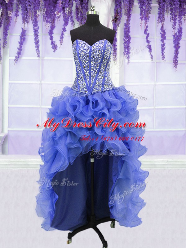 Shining Four Piece Royal Blue Lace Up Sweetheart Ruffles and Sequins Quinceanera Dresses Organza Sleeveless