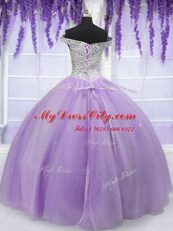 Off the Shoulder Short Sleeves Floor Length Lace Up Quinceanera Dress Lavender for Military Ball and Sweet 16 and Quinceanera with Beading