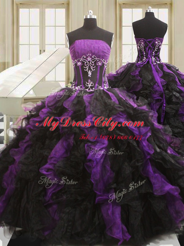 Gorgeous Sleeveless Floor Length Beading and Ruffles Lace Up Vestidos de Quinceanera with Black And Purple