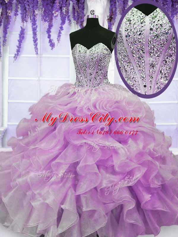 Glittering Organza Sweetheart Sleeveless Zipper Beading and Ruffles Quinceanera Gowns in Lilac