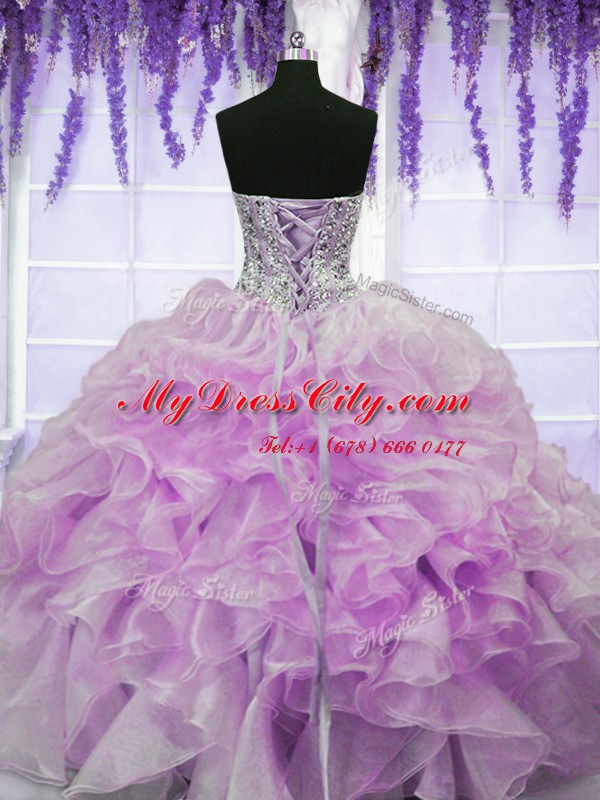 Glittering Organza Sweetheart Sleeveless Zipper Beading and Ruffles Quinceanera Gowns in Lilac