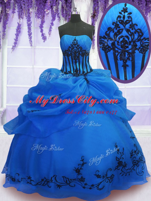 Inexpensive Blue Strapless Neckline Embroidery Vestidos de Quinceanera Sleeveless Lace Up