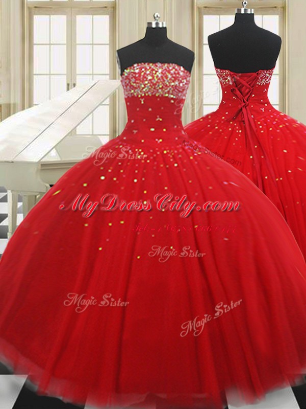 Decent Red Sleeveless Floor Length Beading Lace Up Sweet 16 Dresses