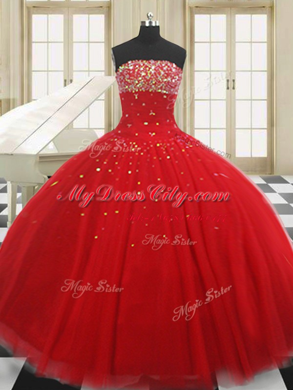 Decent Red Sleeveless Floor Length Beading Lace Up Sweet 16 Dresses
