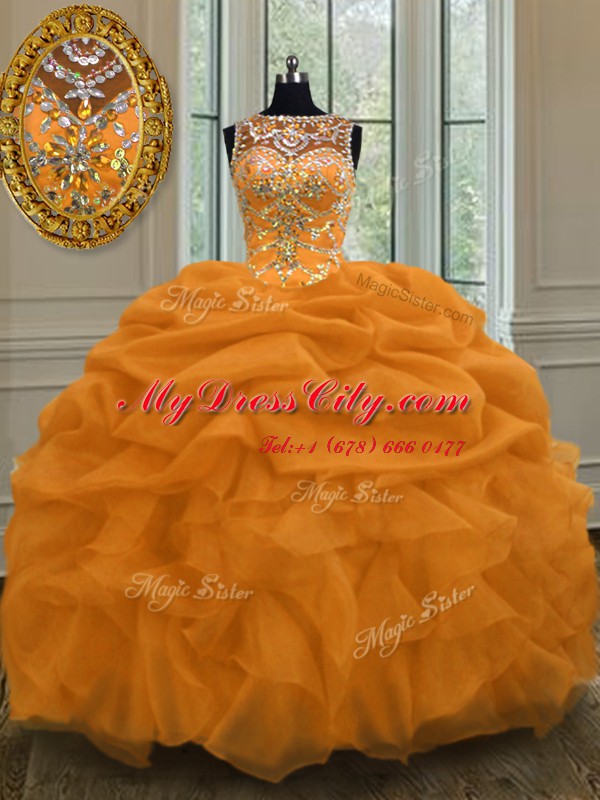 Gold Organza Lace Up Scoop Sleeveless Floor Length Quinceanera Dress Beading and Pick Ups