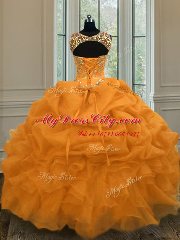 Gold Organza Lace Up Scoop Sleeveless Floor Length Quinceanera Dress Beading and Pick Ups