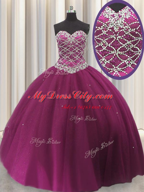 Delicate Tulle Sweetheart Sleeveless Lace Up Beading and Sequins 15 Quinceanera Dress in Fuchsia