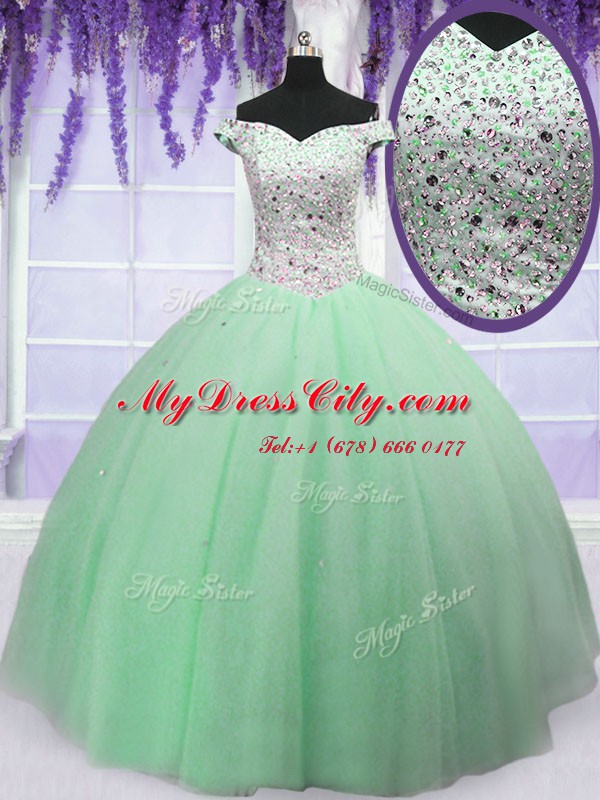 Glamorous Off the Shoulder Beading Quinceanera Gowns Apple Green Lace Up Sleeveless Floor Length