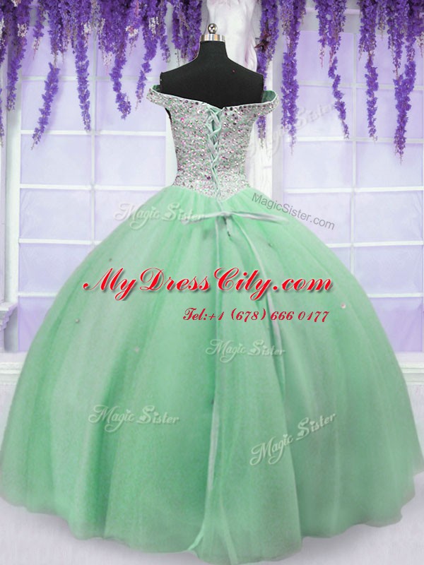 Glamorous Off the Shoulder Beading Quinceanera Gowns Apple Green Lace Up Sleeveless Floor Length