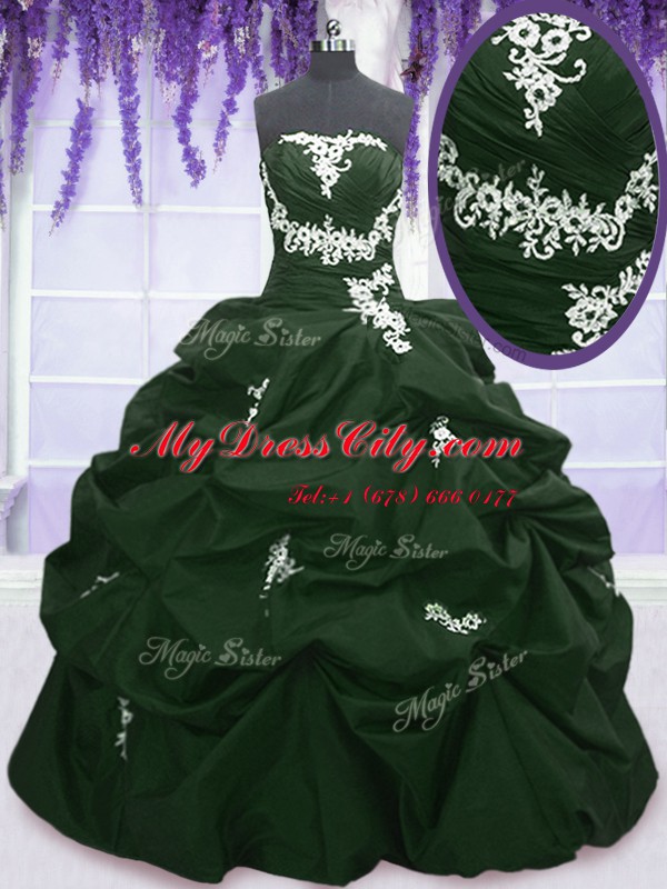 Dark Green and Peacock Green Ball Gowns Taffeta Strapless Sleeveless Appliques and Pick Ups Floor Length Lace Up Vestidos de Quinceanera