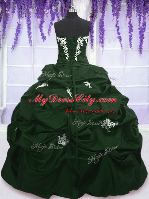 Dark Green and Peacock Green Ball Gowns Taffeta Strapless Sleeveless Appliques and Pick Ups Floor Length Lace Up Vestidos de Quinceanera