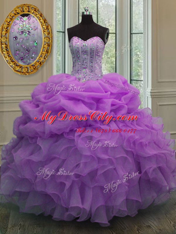 Ideal Lilac Lace Up Sweetheart Beading and Pick Ups Quinceanera Gown Organza Sleeveless