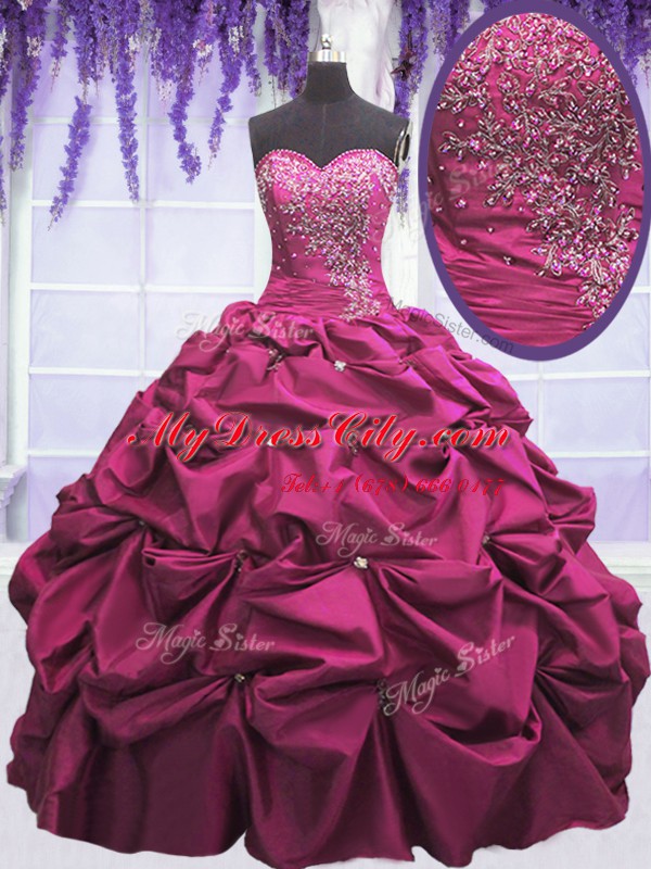 Beading and Appliques and Pick Ups Quinceanera Dresses Fuchsia Lace Up Sleeveless Floor Length