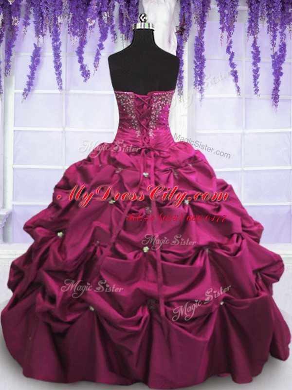 Beading and Appliques and Pick Ups Quinceanera Dresses Fuchsia Lace Up Sleeveless Floor Length